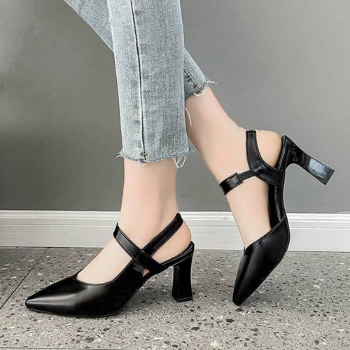 Elegant Pointed Toe Leather Strap Women High Heels Black |image
