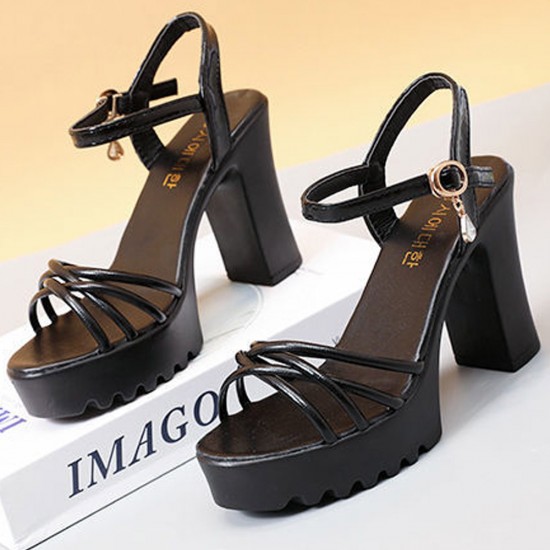 Platform Peep Toe Ankle Straps Hollow High Heel Sandals - Black |image