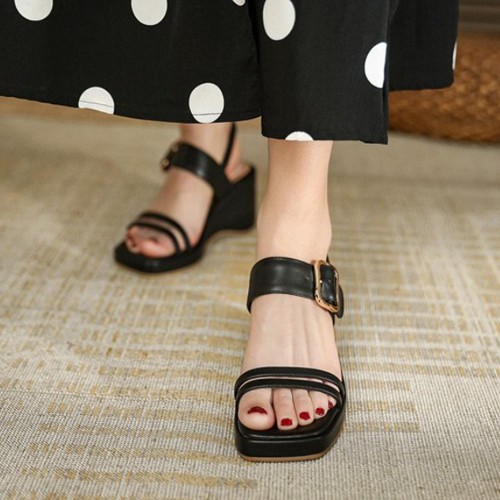 Platform Thick Soled Strapped Square Toe Women Wedge Sandals - Black |image