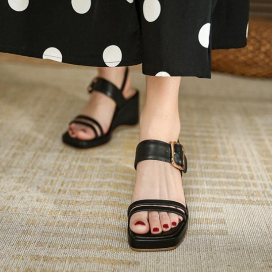 Platform Thick Soled Strapped Square Toe Women Wedge Sandals - Black |image
