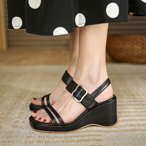 Platform Thick Soled Strapped Square Toe Women Wedge Sandals - Black |image