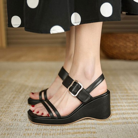 Platform Thick Soled Strapped Square Toe Women Wedge Sandals - Black |image