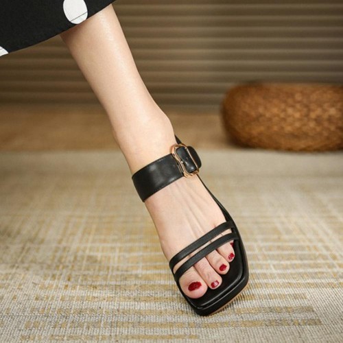 Platform Thick Soled Strapped Square Toe Women Wedge Sandals - Black |image