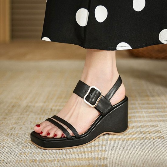 Platform Thick Soled Strapped Square Toe Women Wedge Sandals - Black |image