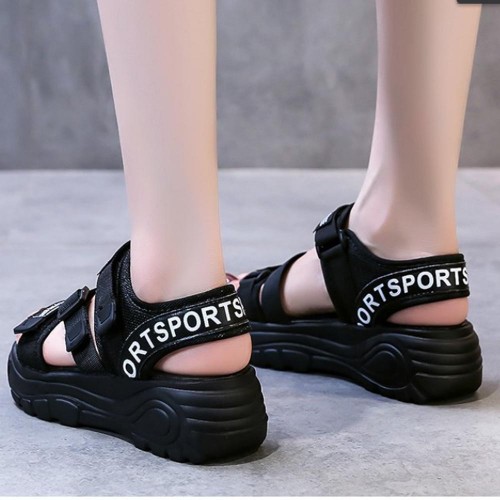 Velcro Thick Soled Strappy Open Toe Sports Sandals - Black |image