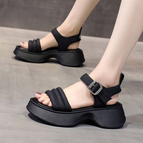 Buckle Closure Strappy Open Toe Muffin Sandals - Black |image