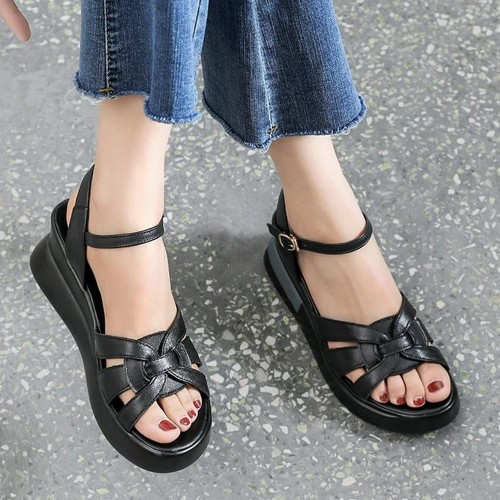 Multi Strapped Buckle Closure Ankle Wedge Women Sandals Black |image