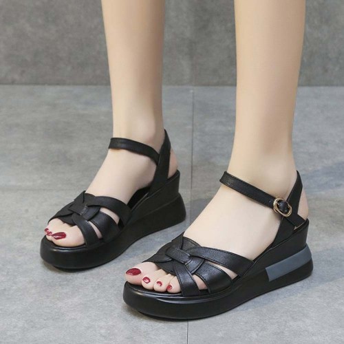 Multi Strapped Buckle Closure Ankle Wedge Women Sandals Black |image
