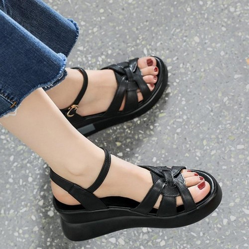 Multi Strapped Buckle Closure Ankle Wedge Women Sandals Black |image