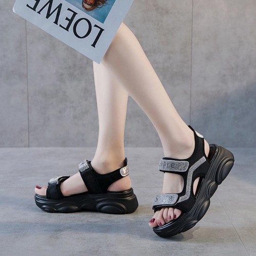 Rhinestone Round Head Velcro Muffin Wedge Sandals - Black |image