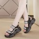 Rhinestone Round Head Velcro Muffin Wedge Sandals - Black |image