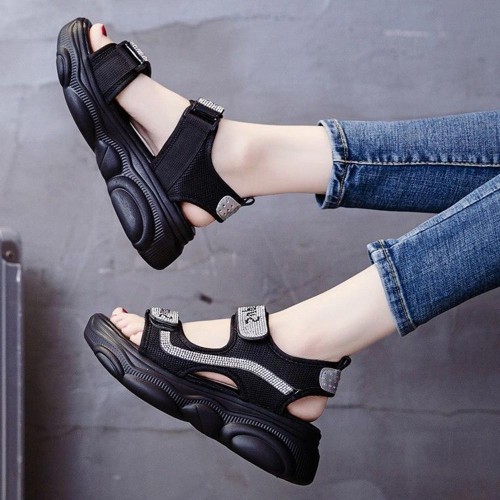 Rhinestone Round Head Velcro Muffin Wedge Sandals - Black |image