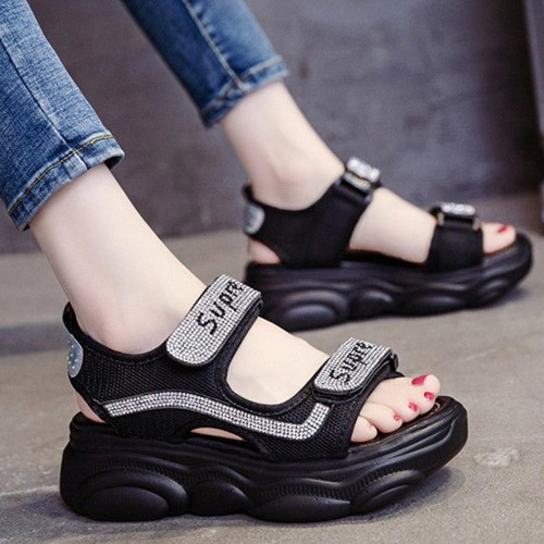 Rhinestone Round Head Velcro Muffin Wedge Sandals - Black |image