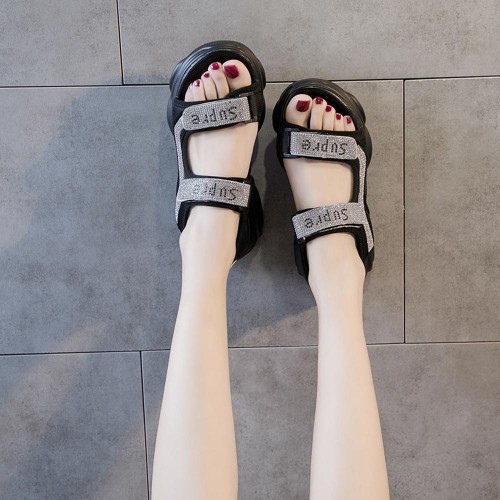 Rhinestone Round Head Velcro Muffin Wedge Sandals - Black |image