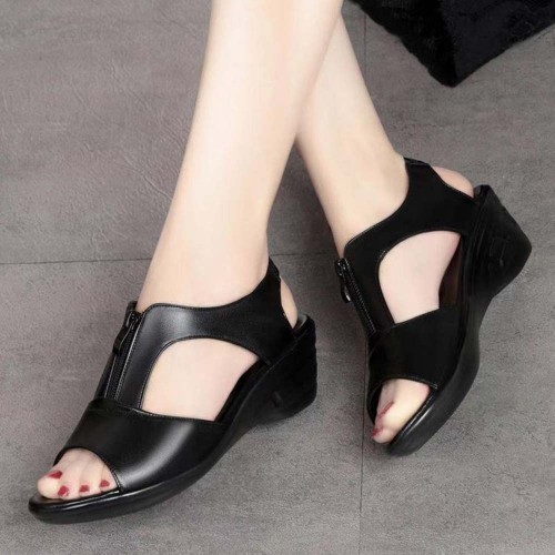 Zipper Open Toe Thick Soled Hollow Wedge Sandals Black |image