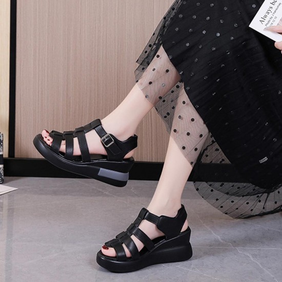 Showing image for Buckle Closure Fish Mouth Strappy Hollow Wedge Sandals - Black Buckle Closure Fish Mouth Strappy Hollow Wedge Sandals - Black |image