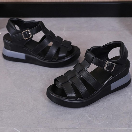 Showing image for Buckle Closure Fish Mouth Strappy Hollow Wedge Sandals - Black Buckle Closure Fish Mouth Strappy Hollow Wedge Sandals - Black |image