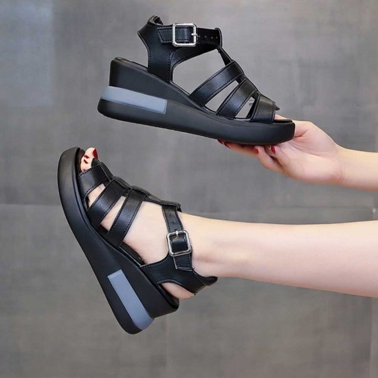 Showing image for Buckle Closure Fish Mouth Strappy Hollow Wedge Sandals - Black Buckle Closure Fish Mouth Strappy Hollow Wedge Sandals - Black |image
