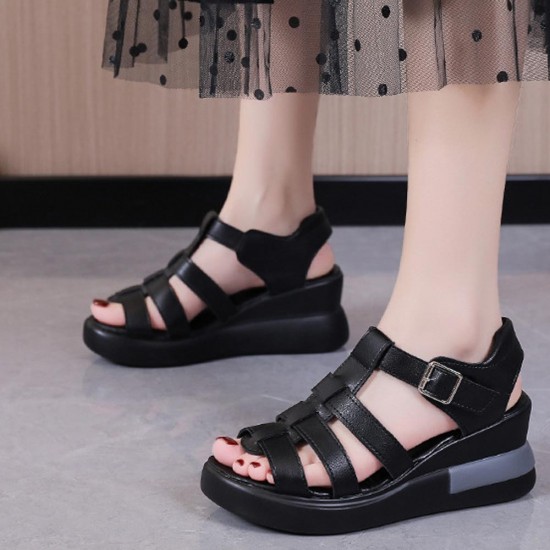 Showing image for Buckle Closure Fish Mouth Strappy Hollow Wedge Sandals - Black Buckle Closure Fish Mouth Strappy Hollow Wedge Sandals - Black |image