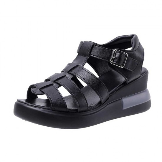 Showing image for Buckle Closure Fish Mouth Strappy Hollow Wedge Sandals - Black Buckle Closure Fish Mouth Strappy Hollow Wedge Sandals - Black |image