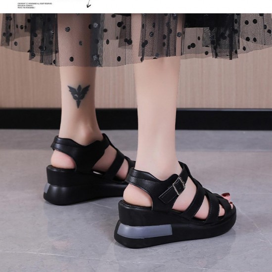 Showing image for Buckle Closure Fish Mouth Strappy Hollow Wedge Sandals - Black Buckle Closure Fish Mouth Strappy Hollow Wedge Sandals - Black |image