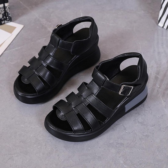 Showing image for Buckle Closure Fish Mouth Strappy Hollow Wedge Sandals - Black Buckle Closure Fish Mouth Strappy Hollow Wedge Sandals - Black |image