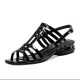 Rome Style Patent Leather hollow out Straped Low Heel Sandals - Black |image