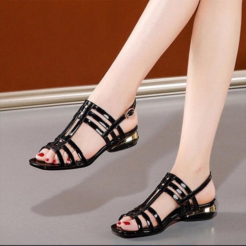 Rome Style Patent Leather hollow out Straped Low Heel Sandals - Black |image
