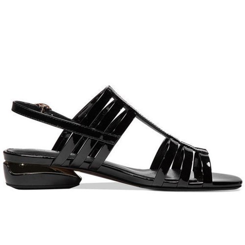 Rome Style Patent Leather hollow out Straped Low Heel Sandals - Black |image