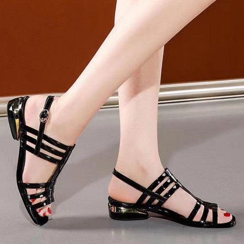 Rome Style Patent Leather hollow out Straped Low Heel Sandals - Black |image