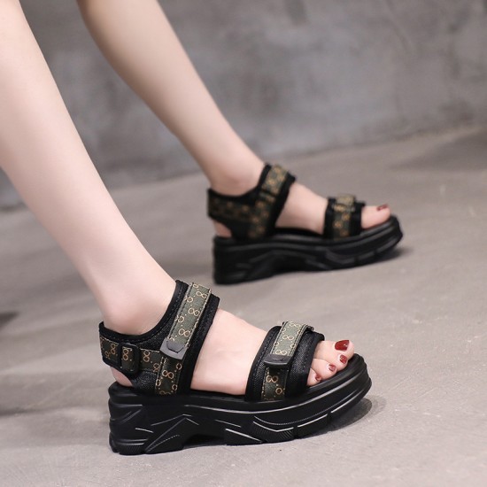 Showing image for Platform Fish Mouth Velcro Soft Bottom Wedge Sandals - Black Platform Fish Mouth Velcro Soft Bottom Wedge Sandals - Black |image