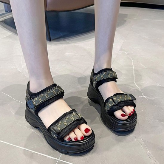Showing image for Platform Fish Mouth Velcro Soft Bottom Wedge Sandals - Black Platform Fish Mouth Velcro Soft Bottom Wedge Sandals - Black |image