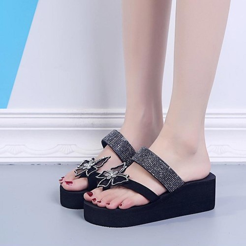Bohemian Flat Rhinestone Butterfly Wedge Slipper Sandals - Black |image