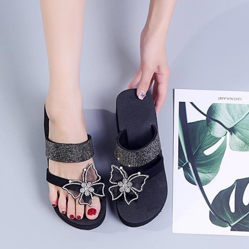 Bohemian Flat Rhinestone Butterfly Wedge Slipper Sandals - Black |image