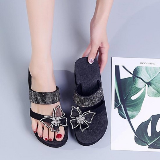 Bohemian Flat Rhinestone Butterfly Wedge Slipper Sandals - Black |image
