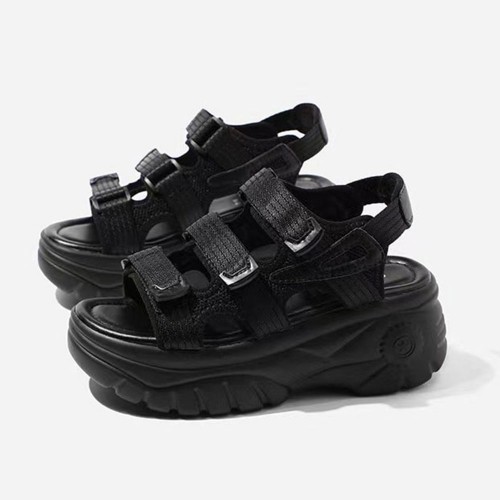 Strappy Velcro Peep Toe Hollow Muffin High Wedge Sandals - Black |image
