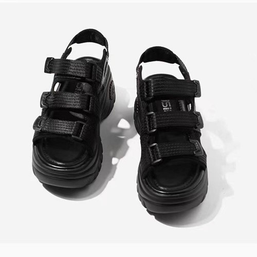 Strappy Velcro Peep Toe Hollow Muffin High Wedge Sandals - Black |image