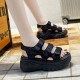 Strappy Velcro Peep Toe Hollow Muffin High Wedge Sandals - Black