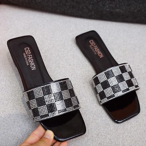 Luxury Rhinestone Checked Flip Flop Flat Heel Slippers - Black |image