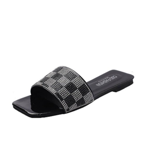 Luxury Rhinestone Checked Flip Flop Flat Heel Slippers - Black |image