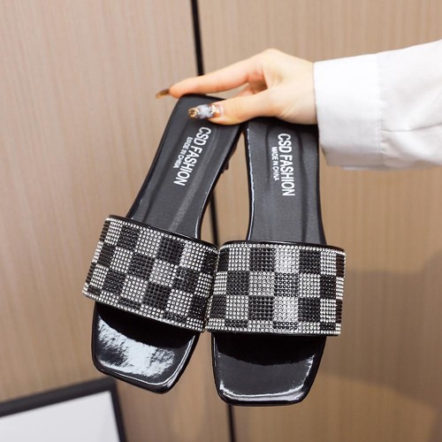 Luxury Rhinestone Checked Flip Flop Flat Heel Slippers - Black |image