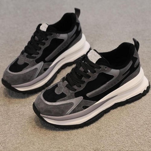 Round Toe Lace Up Chunky Heel Women Sneakers - Black |image