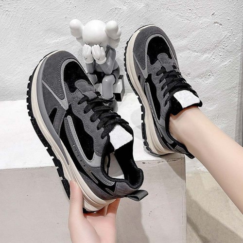 Round Toe Lace Up Chunky Heel Women Sneakers - Black |image