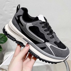 Round Toe Lace Up Chunky Heel Women Sneakers - Black