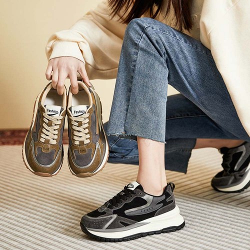 Round Toe Lace Up Chunky Heel Women Sneakers - Black |image