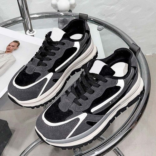 Round Toe Lace Up Chunky Heel Women Sneakers - Black |image