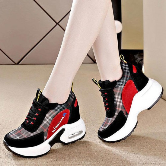 Plaid Pattern Colorful Lace Up Mesh Sports Sneakers - Black |image