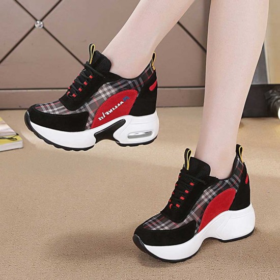 Plaid Pattern Colorful Lace Up Mesh Sports Sneakers - Black |image