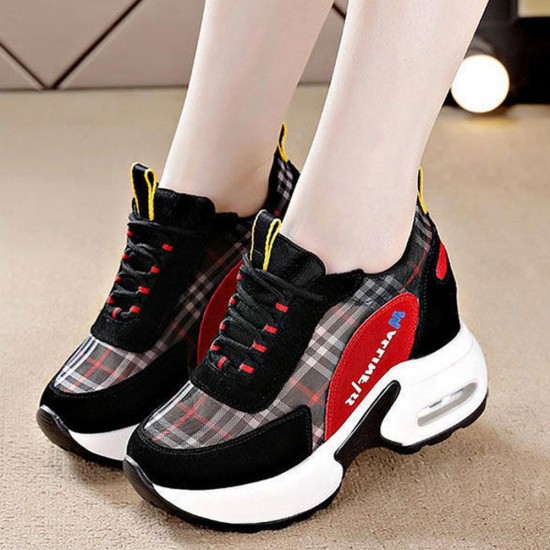 Plaid Pattern Colorful Lace Up Mesh Sports Sneakers - Black |image