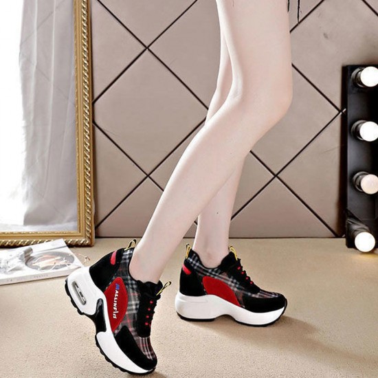 Plaid Pattern Colorful Lace Up Mesh Sports Sneakers - Black |image